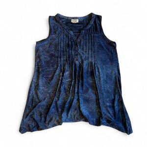 Whimsical Embroidered Pleated Sienna Grace Button Up Sleeveless Blue Top